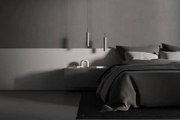 Dunkles Schlafzimmerbett Und Nachttisch Mit Dekoration Teppich Auf Grauem Betonboden — Stockfoto