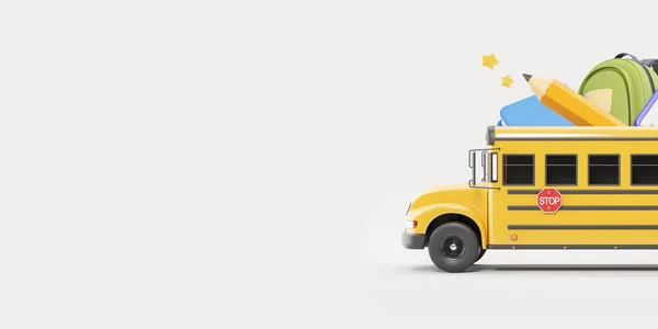 Zicht Fel Gele Schoolbus Met Grote Schoolbenodigdheden Erin Grijze Achtergrond — Stockfoto