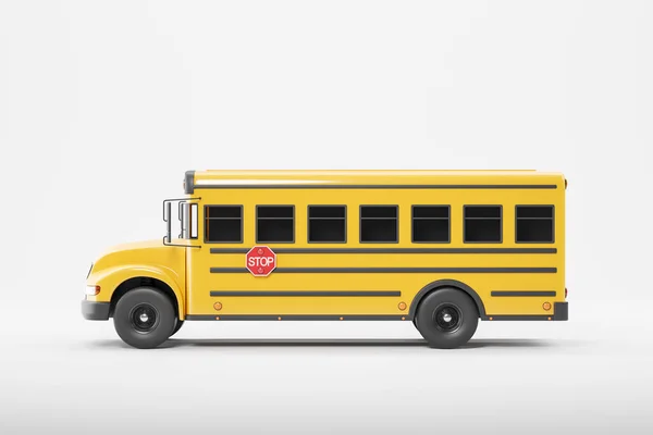 经典的黄色校车 有红色停车标志 侧面看 在空白的白色复制空间背景上有很长的汽车 教育概念和儿童道路安全 3D渲染说明 — 图库照片