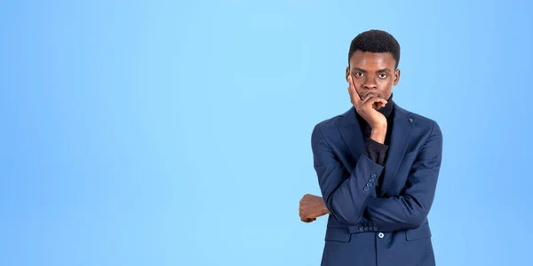 Portrait Thoughtful Young African American Businessman Thinking Standing Hand Chin — Stock Photo, Image