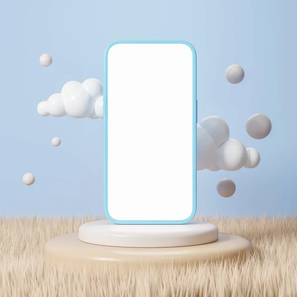 Pohled Smartphone Mock Displejem Stojící Pódiu Poli Trávou Mraky Obloze — Stock fotografie