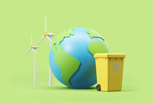 Central Energia Eólica Com Grande Globo Terrestre Caixote Lixo Amarelo — Fotografia de Stock
