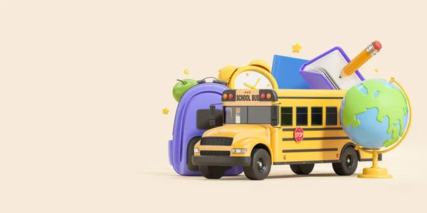 Cartoon Gele Bus Met Verschillende Educatieve Accessoires Rugzak Aarde Bol — Stockfoto