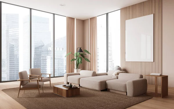 Sudut Ruang Tamu Modern Dengan Krem Dan Dinding Kayu Lantai — Stok Foto