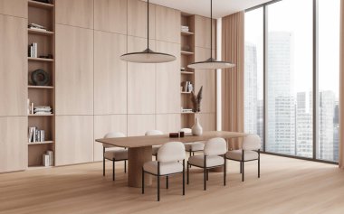 Ahşap ev oturma odası içi masa ve bej koltuklar, yan manzara parke zemin. Raflı, kitaplı ve sanat dekorasyonlu yemek köşesi. Gökdelenlerin panoramik penceresi. 3B görüntüleme