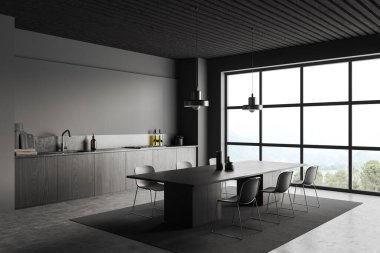 Gri duvarları, beton zemini olan şık bir mutfağın köşesi lavabo, fırın ve sandalyeli uzun yemek masası olan rahat, siyah ahşap dolaplar. 3d oluşturma