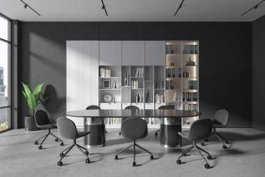 Konferans panosu, dekorlu raf ve gri beton zemin olan şık bir ofis. New York gökdelenlerinde modern mobilyalar ve panoramik pencerelerle toplantı alanı. 3B görüntüleme