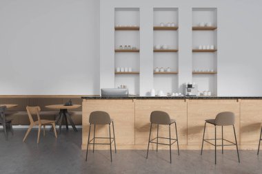 Beyaz duvarları, beton zemini, üzerinde tabure ve raflar olan modern kahve dükkanı, rahat kahverengi kanepe ve ahşap sandalyeli yuvarlak masa. 3d oluşturma