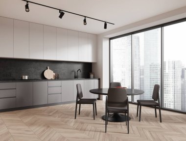 Modern ev mutfağı, yemek masası, sandalyeler, yan görünüşlü ahşap zemin. Gökdelenlerde dolap ve panoramik pencereli yemek ve yemek köşeleri. 3B görüntüleme