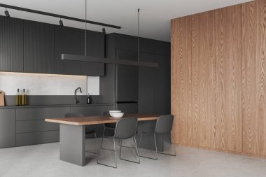 Ahşap ve gri mutfak, yemek masası ve sandalyeler, yan görünüş beton zemin. Dolap rafları ve buzdolabı ile yemek ve yemek köşesi. 3B görüntüleme