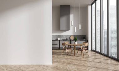 Açık mutfak, yemek masası, sandalyeler, ahşap döşeme. Dolaplı yemek odası, gökdelenlerde panoramik pencere. Boş duvar bölmesini düzenle. 3B görüntüleme