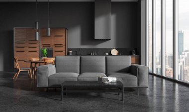 Gri ev içi yemek ve dinlenme alanı, ahşap sandalyeli masa ve mutfak gereçleri ile dolap rafları. Kuala Lumpur gökdelenlerinin panoramik penceresi. 3B görüntüleme