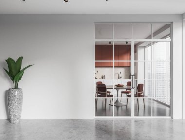 Yemek masası, sandalyeler, cam kapılar ve taklit uzay duvarı olan beyaz ev mutfağı. Gökdelenlerde dolap ve panoramik pencereli yemek ve yemek odası. 3B görüntüleme