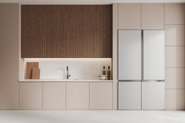 Buzdolabı, raflar ve güvertede minimalist mutfak gereçleri olan bej bir ev mutfağı. Modern dairede aletleri olan rahat ve şık bir yemek odası. 3B görüntüleme