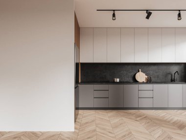 Ahşap duvarları ve zemini olan modern mutfağın içi, lavabo ve fırında yapılmış gri tezgahlar, beyaz dolaplar ve büyük buzdolabı. Soldaki duvarı süslesene. 3d oluşturma