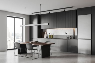 Modern mutfağın köşesinde beyaz duvarlar, beton zemin, rahat gri dolaplar ve lavabo ve fırında yapılmış dolaplar, buzdolabı ve sandalyeli yemek masası. 3d oluşturma