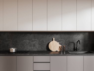 Beyaz ve gri mutfak iç dekorasyonu lavabo ve soba taştan tezgahta mutfak gereçleri. Modern bir dairede gizli tasarımı olan minimalist yemek pişirme alanı. 3B görüntüleme