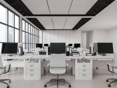 Sıraya dizilmiş sandalyeler ve masalarla rahat rahat bir iç mekan. Ofis çekmeceleri ve belgeli bilgisayar monitörleri. Singapur gökdelenlerinin panoramik penceresi. 3B görüntüleme