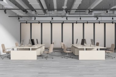Samimi ofis içi bilgisayarlar ortak masa ve koltuklar gri ahşap zemin üzerinde. Modern açık alan teknolojisi ve minimalist mobilyalarla birlikte çalışıyor. 3B görüntüleme