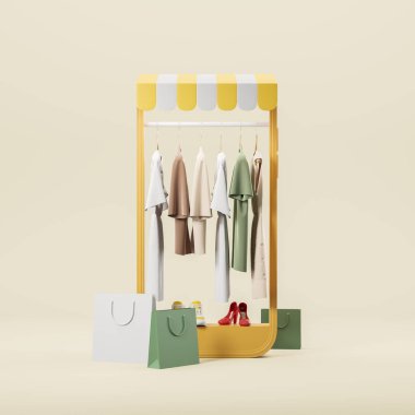 Telefon soyut görüntüsü ve trabzanlar, askılarda giysiler, ayakkabılar ve renkli paketler. Online alışveriş, satış ve sipariş teslimatı kavramı. 3B resimleme