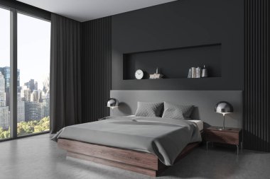 Karanlık ev yatak odası, yatak odası, dekoratif komodin, yan görüş, gri beton zemin. Panoramik pencereli modern bir dairede uyuyan bir köşe. 3B görüntüleme