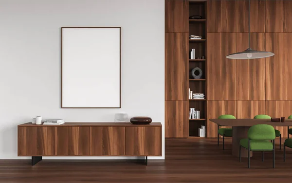Moderne Wohnzimmereinrichtung Mit Sideboard Und Esstisch Und Stühlen Hartholzboden Mock — Stockfoto