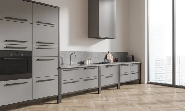 Corner Modern Kitchen White Walls Wooden Floor Comfortable Gray Cabinets — Stock Photo, Image