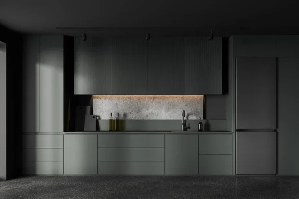 深绿色家庭厨房内部设计简约 家用电器和厨房用具 烹饪区的灰色混凝土地板上隐藏的橱柜和冰箱 3D渲染 — 图库照片
