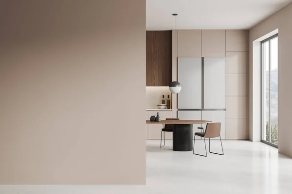 Interior Modern Kitchen Beige Walls Concrete Floor Beige Wooden Cabinets — Stock Photo, Image