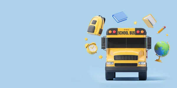 Cartoon Yellow Bus Floating Education Accessories Backpack Earth Globe Alarm — Stock Photo, Image