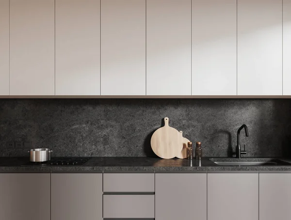 White Grey Home Kitchen Interior Sink Stove Kitchenware Stone Countertop — Stock Photo, Image