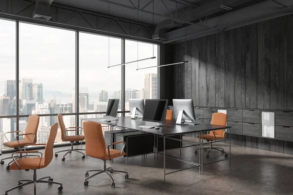 Minimalist Coworking Interior Monitors Desk Side View Corner View Office — Stock Photo, Image