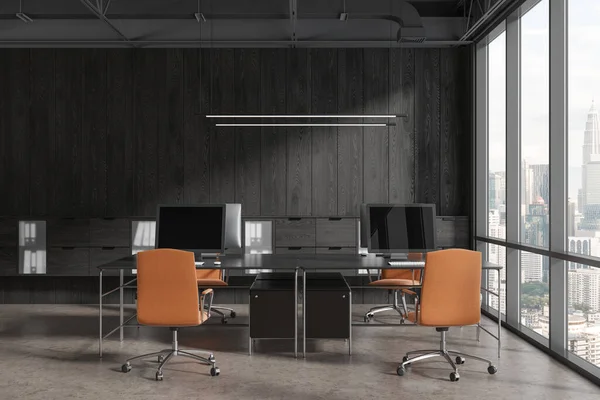 Pracovní Interiér Počítači Stole Židle Šedé Betonové Podlaze Minimalistické Kancelářské — Stock fotografie