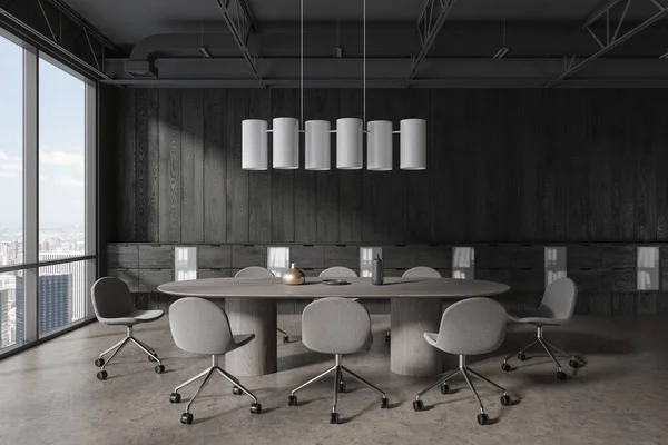 Elegante Interior Oficina Con Tablero Conferencias Estante Madera Negra Piso — Foto de Stock