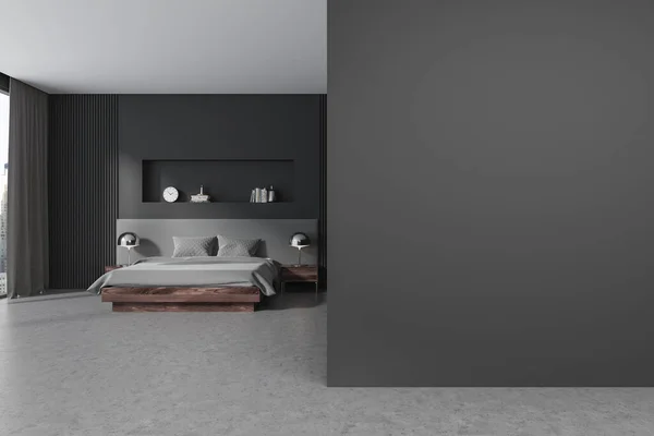 Современная Внутренняя Кровать Спальне Декором Серый Бетонный Пол Спальня Панорамным — стоковое фото