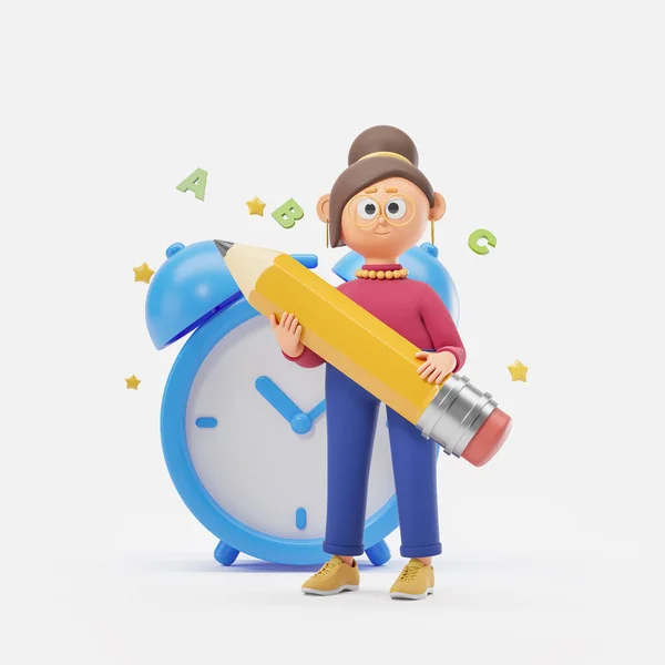 Cartoon character woman teacher holding a large pencil, copy space white background. Stars and abc letters floating. Concept of knowledge, classes and education. 3D rendering illustration