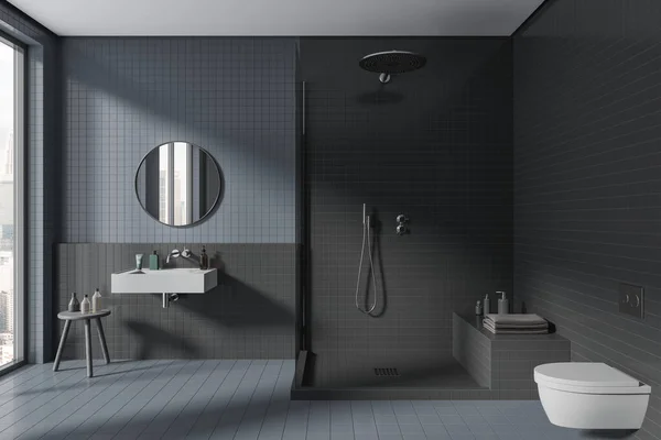 Blaues Und Graues Badezimmer Mit Waschbecken Und Dusche Wandhängende Toilette — Stockfoto