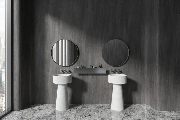 Mørkt Hjem Badeværelse Interiør Med Dobbelt Vask Runde Spejl Minimalistisk - Stock-foto