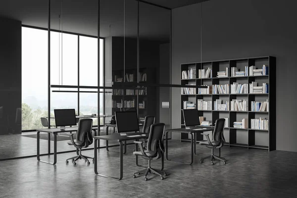 Interior Escritório Elegante Espaço Aberto Com Paredes Cinza Piso Concreto — Fotografia de Stock