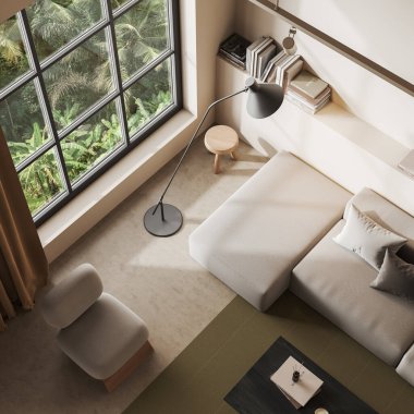 Parlak oturma odasının içi kanepe, koltuk, pencere, perde, sehpa, tabure, beyaz duvar, beton zemin, kitaplarla dolu raf, halı. Minimalist tasarım kavramı. 3d oluşturma