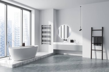 Banyonun içinde banyo, küvet, lavabo, yuvarlak ayna, gri duvarlar, beton zemin, havlu, podyum, sıvı sabun Singapur gökdelenli panoramik pencere. 3d oluşturma