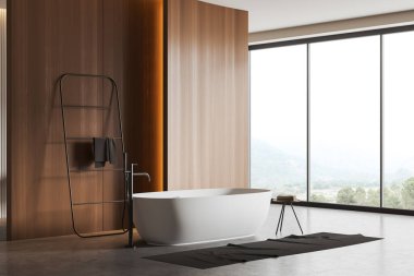 Ahşap banyo, küvet, kenar manzaralı havlu merdiven, gri beton zemin. Kırsal kesimde panoramik pencere. Uzay duvarını kopyala. 3B görüntüleme