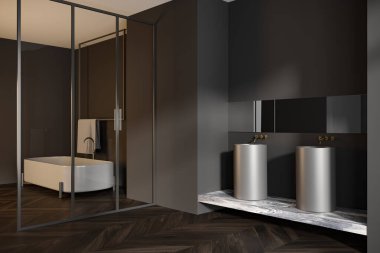 Koyu renk banyo manzaralı küvet, cam bölme, ayna, çift lavabo, gri duvarlar, meşe ağacından zemin, havlular. Su arıtma kavramı. Modern tasarım. 3d oluşturma