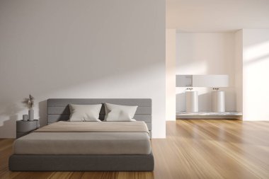 Parlak stüdyo içi yatak, boş beyaz duvar, çift lavabo, ayna, yatağın yanı, meşe ağacından zemin. Yaratıcı fikirler için minimalist tasarım ve alan kavramı. 3d oluşturma