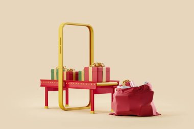 Akıllı telefon ve konveyör silindirinde bir sıra hediye kutusu, bej arka planda büyük bir noel çantası. Çevrimiçi sipariş ve teslimat kavramı. 3B görüntüleme