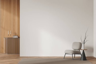 Parlak oturma odasının önü koltuk, boş beyaz duvar, meşe ağacından ahşap döşeme, sehpa, kitap ve mumlarla dolu dolap, halı. Minimalist tasarım kavramı. 3d oluşturma