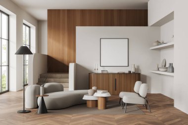 Aydınlık oturma odası iç koltuk ve koltuklar. Süslü çekmece ve raf, ahşap zeminde halı. Tropik bölgelerde panoramik pencere. Tuvalin posterini hazırla. 3B görüntüleme