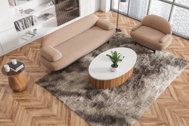 Parlak oturma odasının iç manzarası kanepe, koltuk, kahve sehpası çanak, beyaz duvar, panoramik pencere, ahşap zemin, kitaplık, halı. Minimalist tasarım kavramı. 3d oluşturma