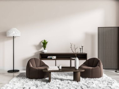 İki koltuk ve halı üzerinde ahşap sehpa olan açık renk oturma odası. Minimalist dekorasyon ve lambayla yan pano. Model boş duvar. 3B görüntüleme