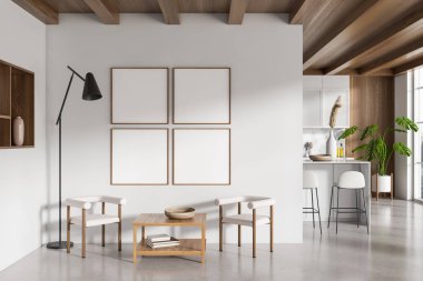 Dört boş beyaz poster, koltuk, ada, bölme, dolap, beyaz duvar, beton zemin, çanak çömlek. Minimalist tasarım kavramı. Model yap. 3d oluşturma